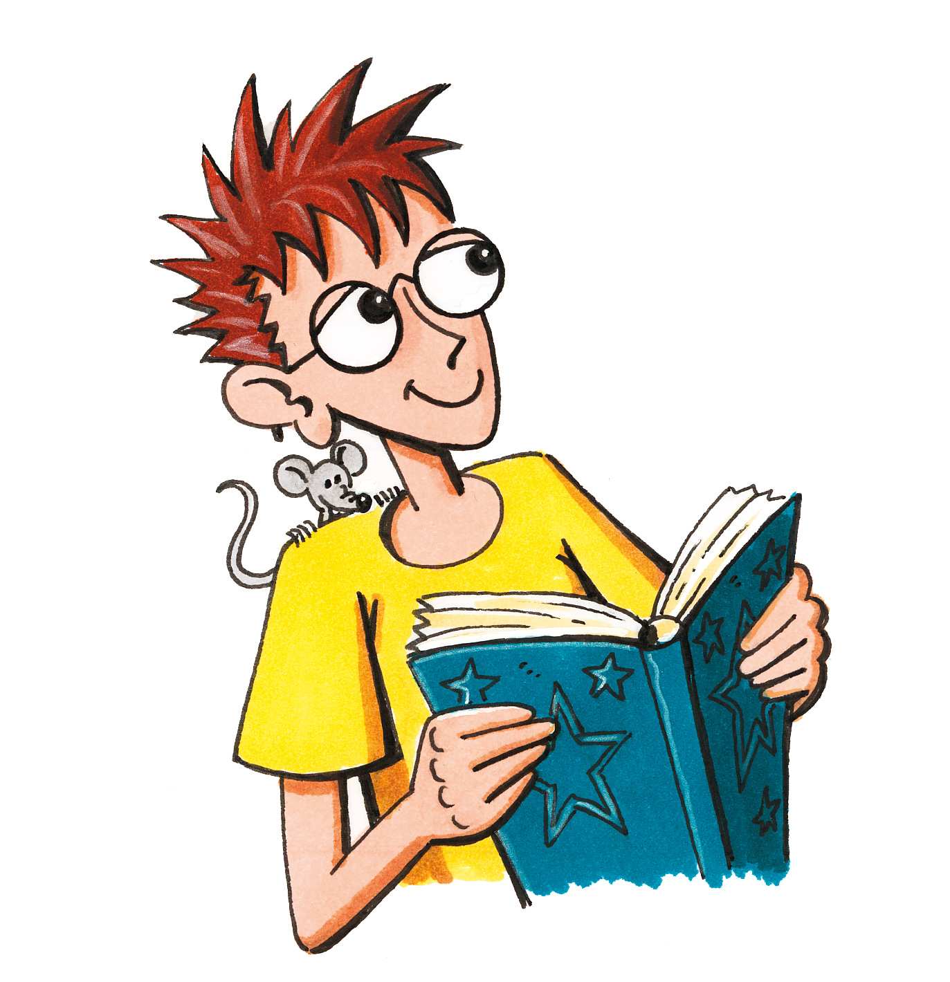 Robinson mit Zauberbuch, lächelt Robinson mit Zauberbuch, lächelt