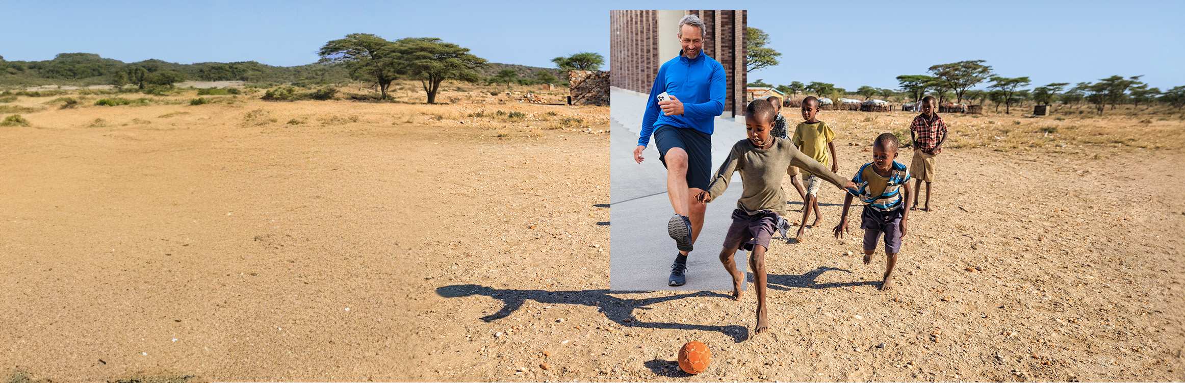 Ein Jogger läuft, Kinder in Afrika spielen Fußball